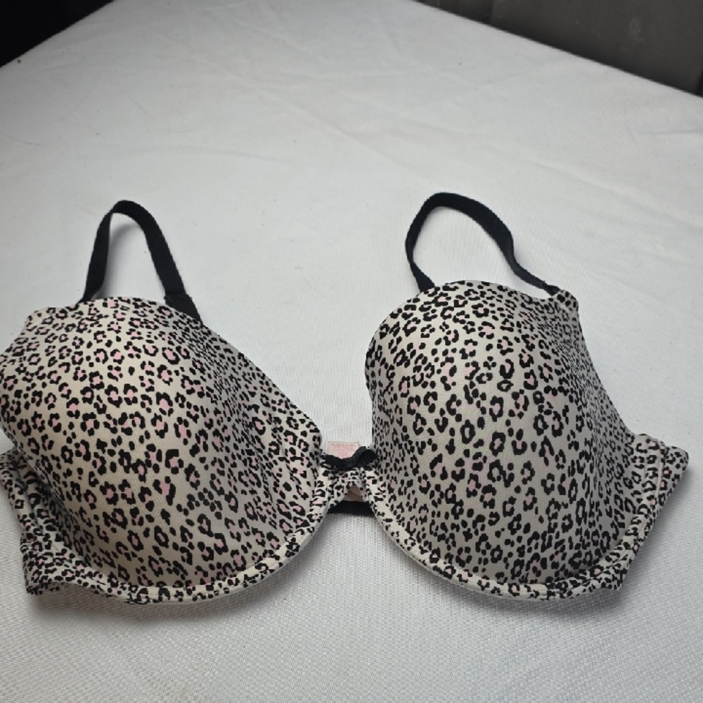 Victoria's Secret Demi Bra Gray Pink Black Cheetah Print Underwire Sz 36D GUC